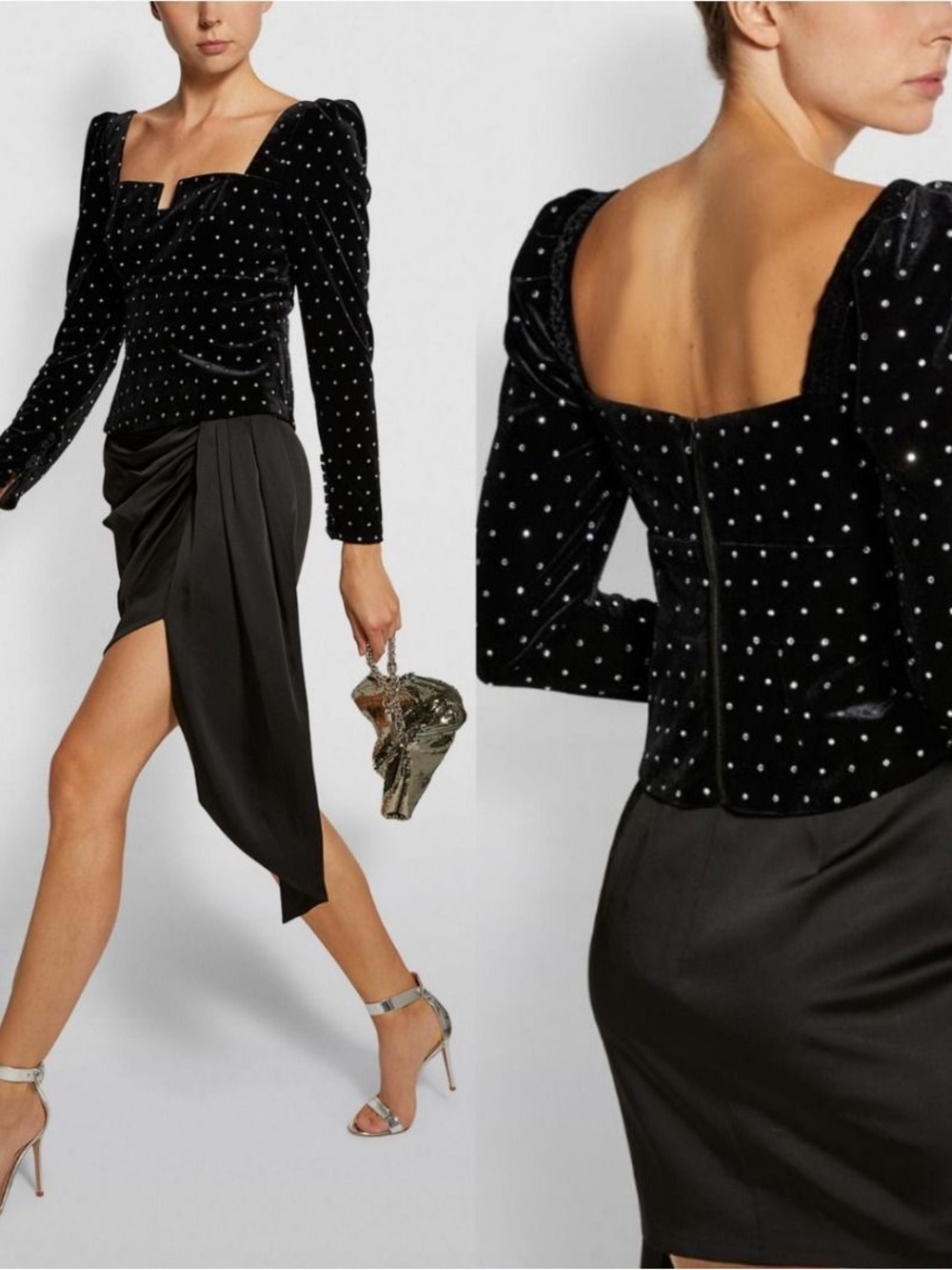 Self-Portrait Velvet Diamante Embellished Peplum Top - Black